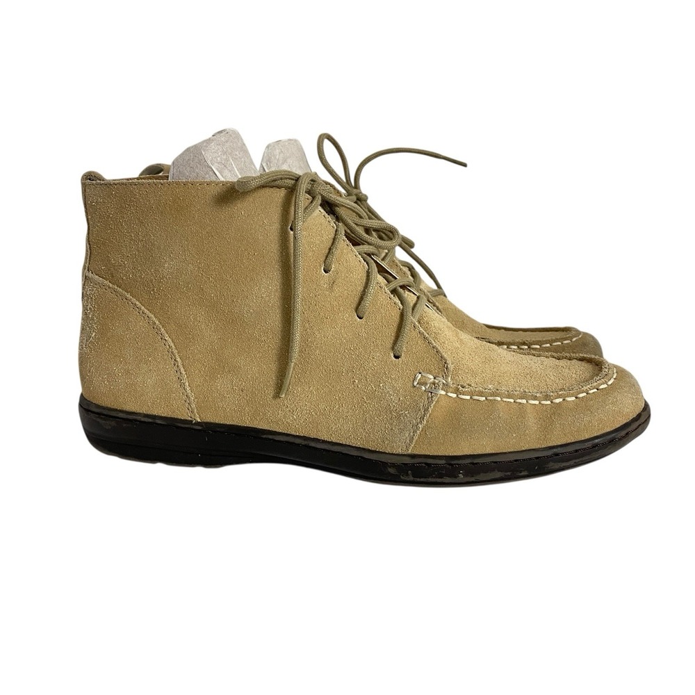 Lands End Womens 9.5 B Camel Brown Suede Lace Up Moc Toe Chukka Ankle Boots
